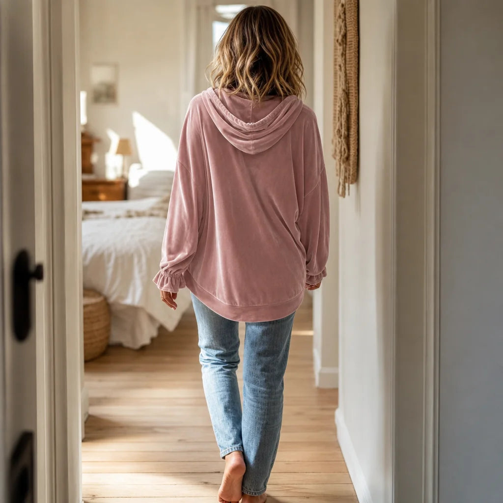 Women's Velvet Hoodie with Ruffle Cuffs & Drawstring Hood - Back Walking
