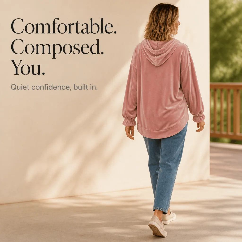 Women's Velvet Hoodie with Ruffle Cuffs & Drawstring Hood - Outdoor Walking