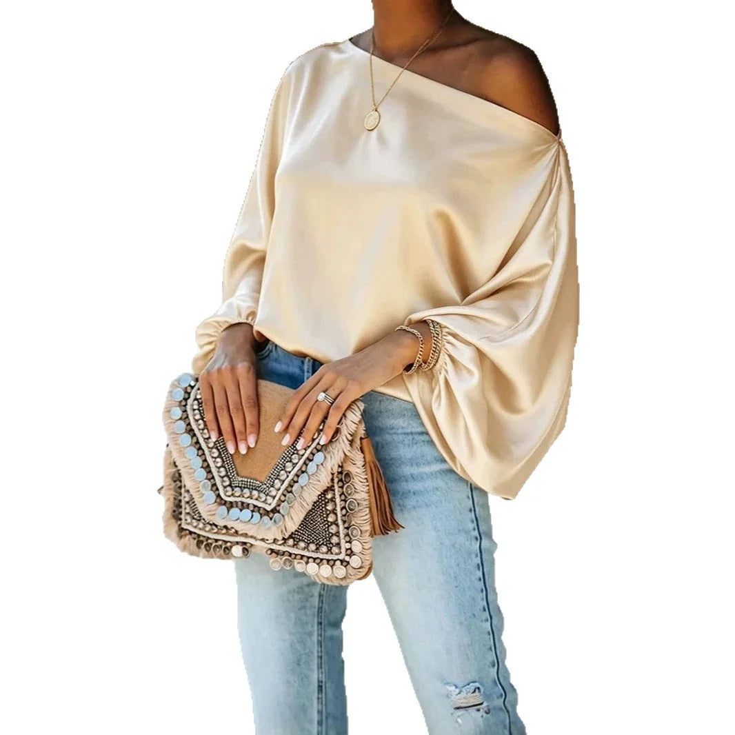 Champagne Women's Satin Blouse with Asymmetric Off-Shoulder Neckline & Batwing Sleeves - Studio White Background