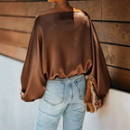 Women's Satin Blouse with Asymmetric Off-Shoulder Neckline & Batwing Sleeves - Brown Back Full View