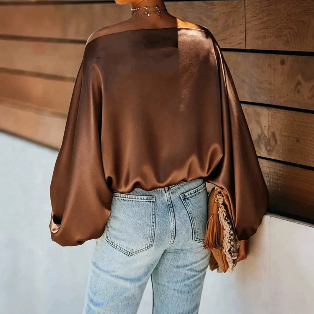 Women's Satin Blouse with Asymmetric Off-Shoulder Neckline & Batwing Sleeves - Brown Back Full View