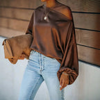 Coffee Brown Women's Satin Blouse with Asymmetric Off-Shoulder Neckline & Batwing Sleeves - Front Pose Necklace De...