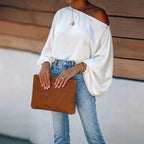 White Women's Satin Blouse with Asymmetric Off-Shoulder Neckline & Batwing Sleeves - Front Pose Jeans