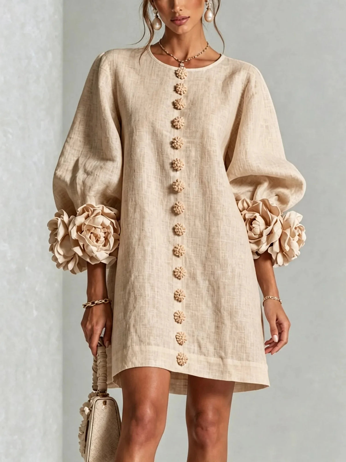Beige Women's Mini Dress with Sculptural Cuffs & Button Front - Front