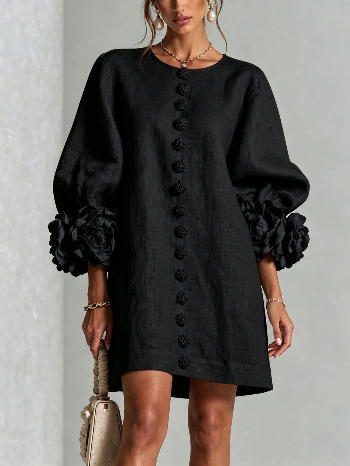 Black Women's Mini Dress with Sculptural Cuffs & Button Front - Front Studio