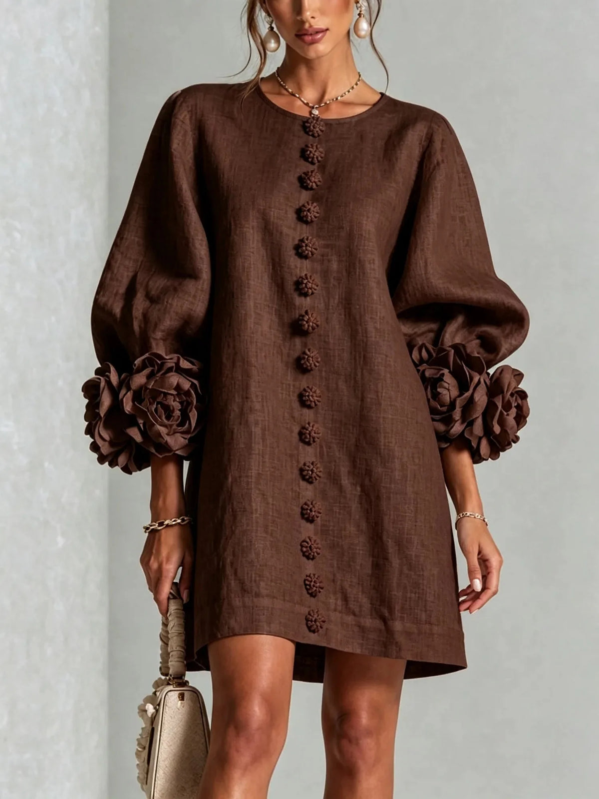 Brown Women's Mini Dress with Sculptural Cuffs & Button Front - Front