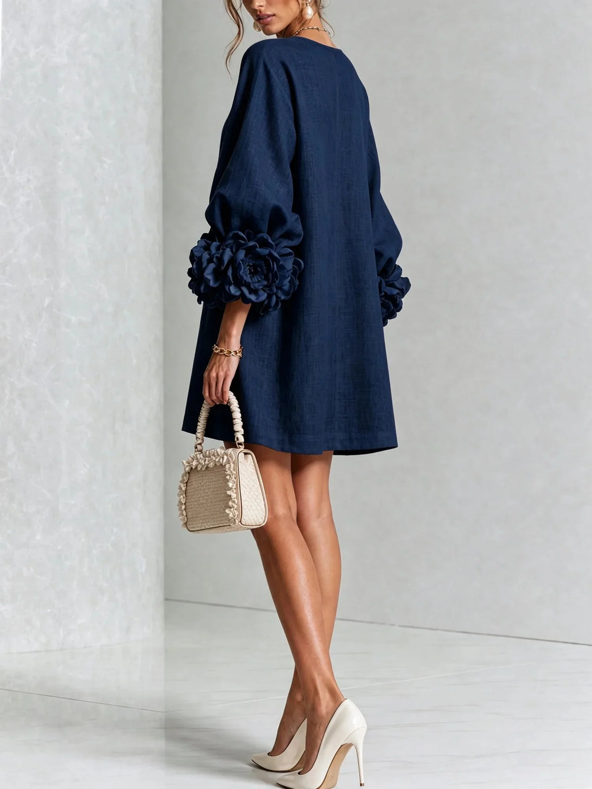 Women's Mini Dress with Sculptural Cuffs & Button Front - Back Pose