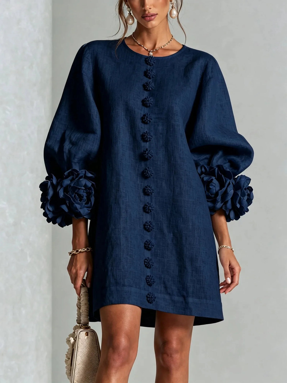 Navy Blue Women's Mini Dress with Sculptural Cuffs & Button Front - Front View