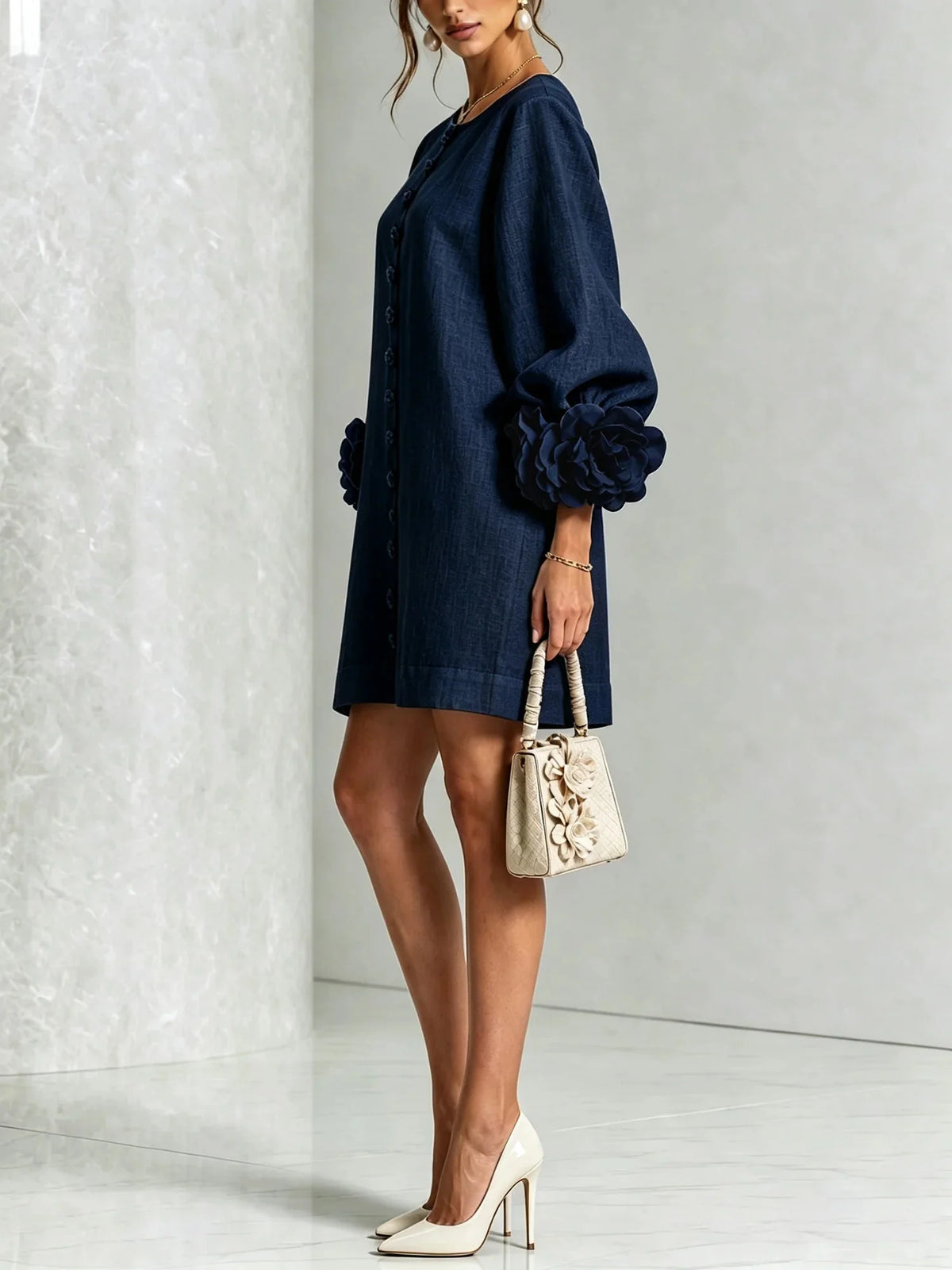 Women's Mini Dress with Sculptural Cuffs & Button Front - Side Pose