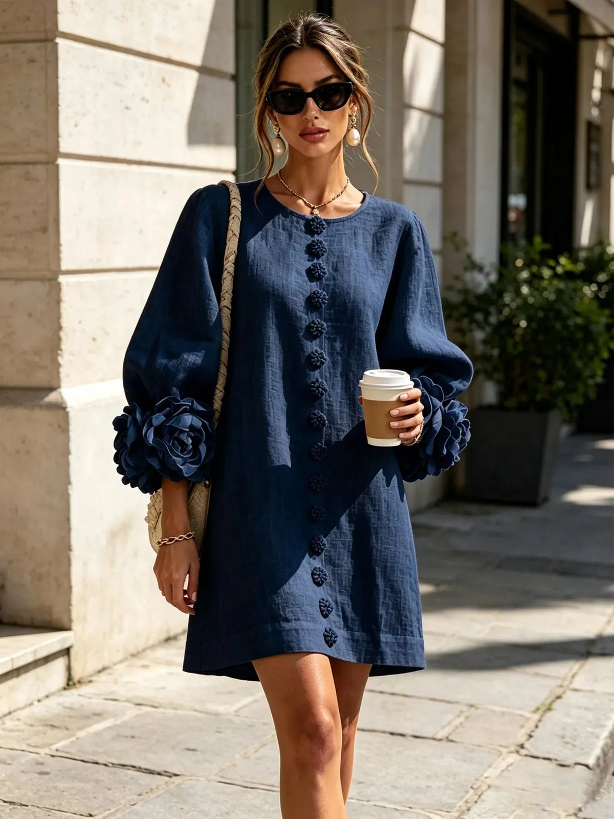 Women's Mini Dress with Sculptural Cuffs & Button Front - Street Style