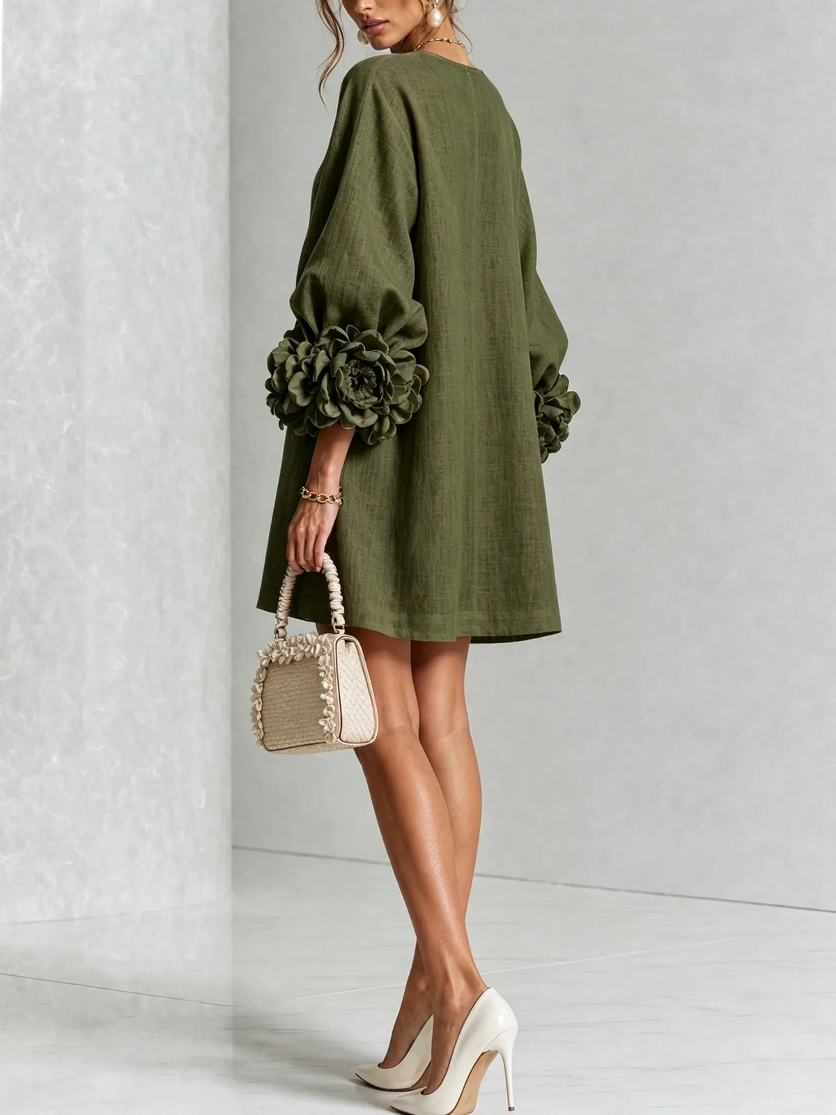Women's Mini Dress with Sculptural Cuffs & Button Front - Back Pose