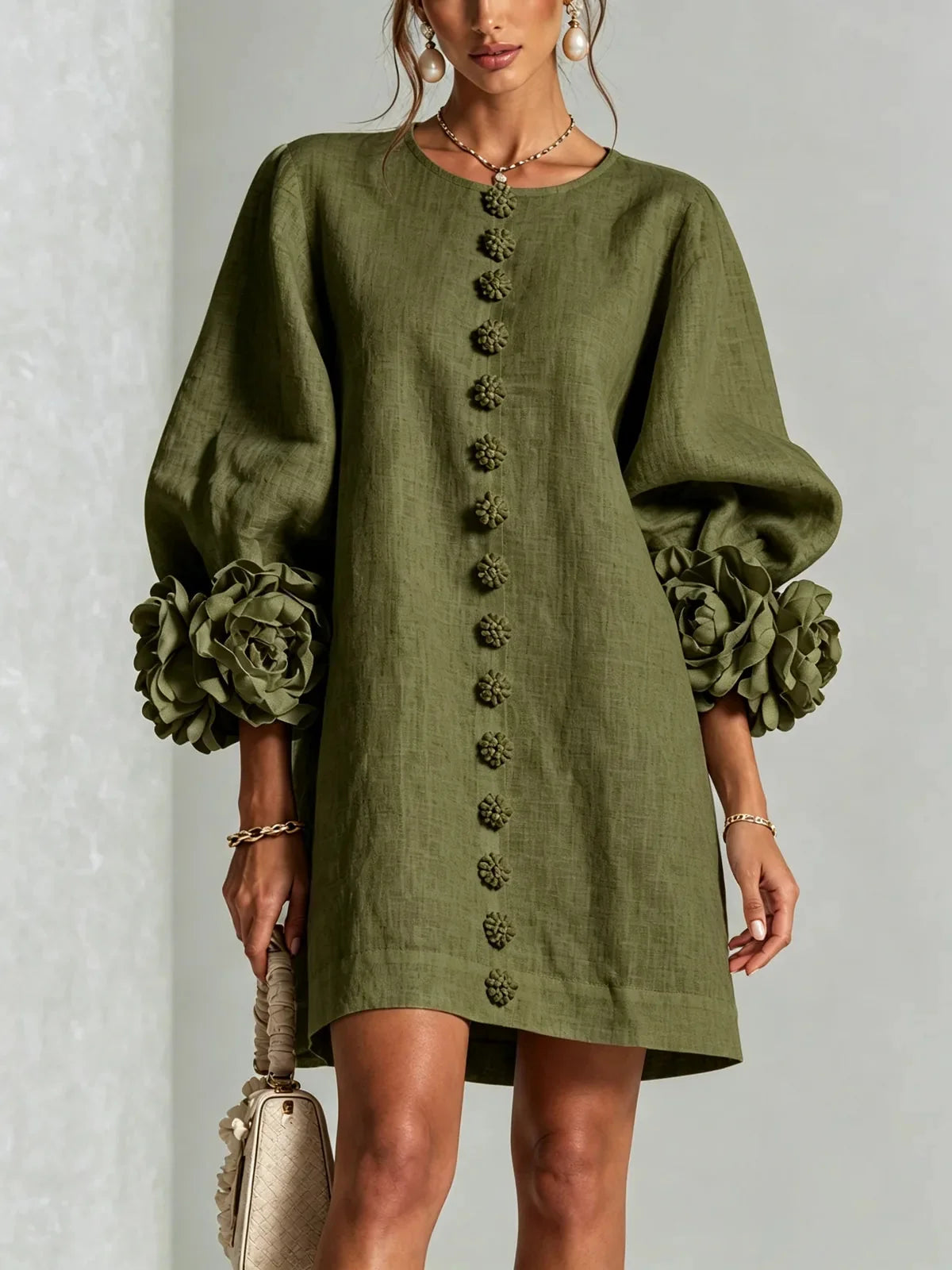 Olive Green Women's Mini Dress with Sculptural Cuffs & Button Front - Front Pose