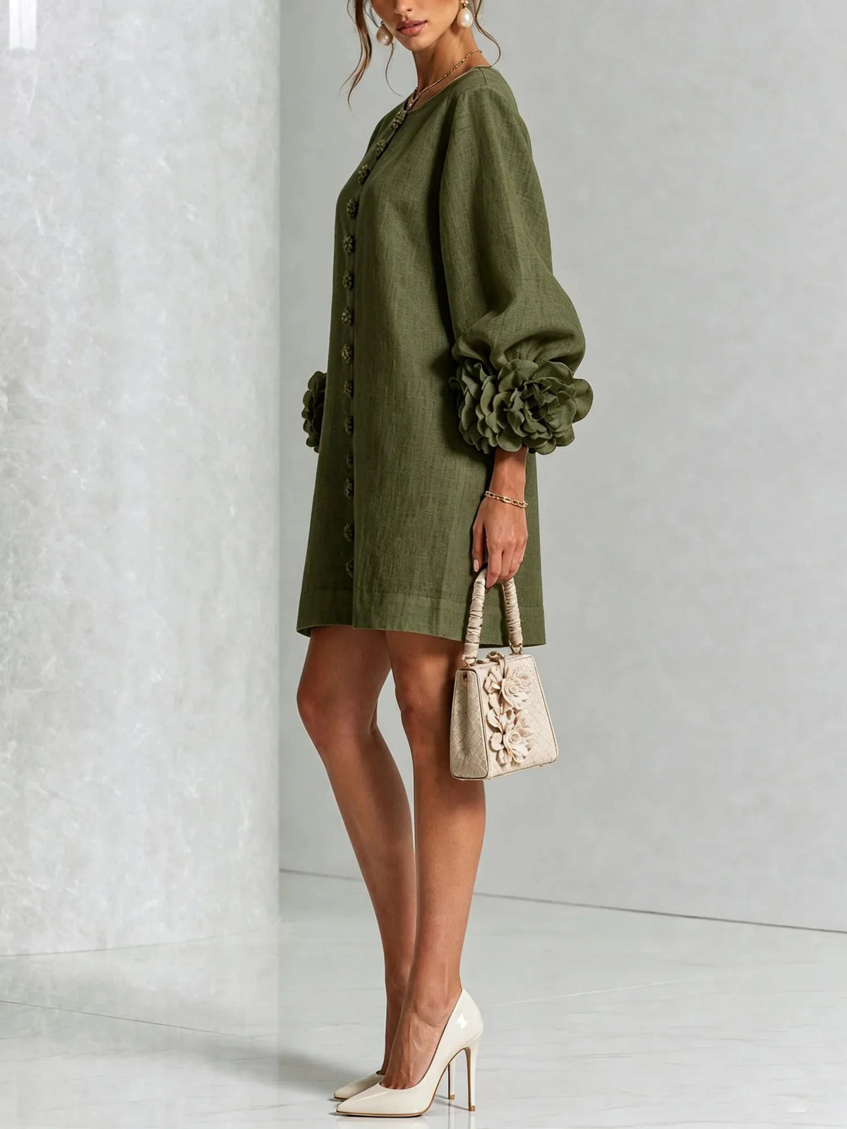 Women's Mini Dress with Sculptural Cuffs & Button Front - Side Pose