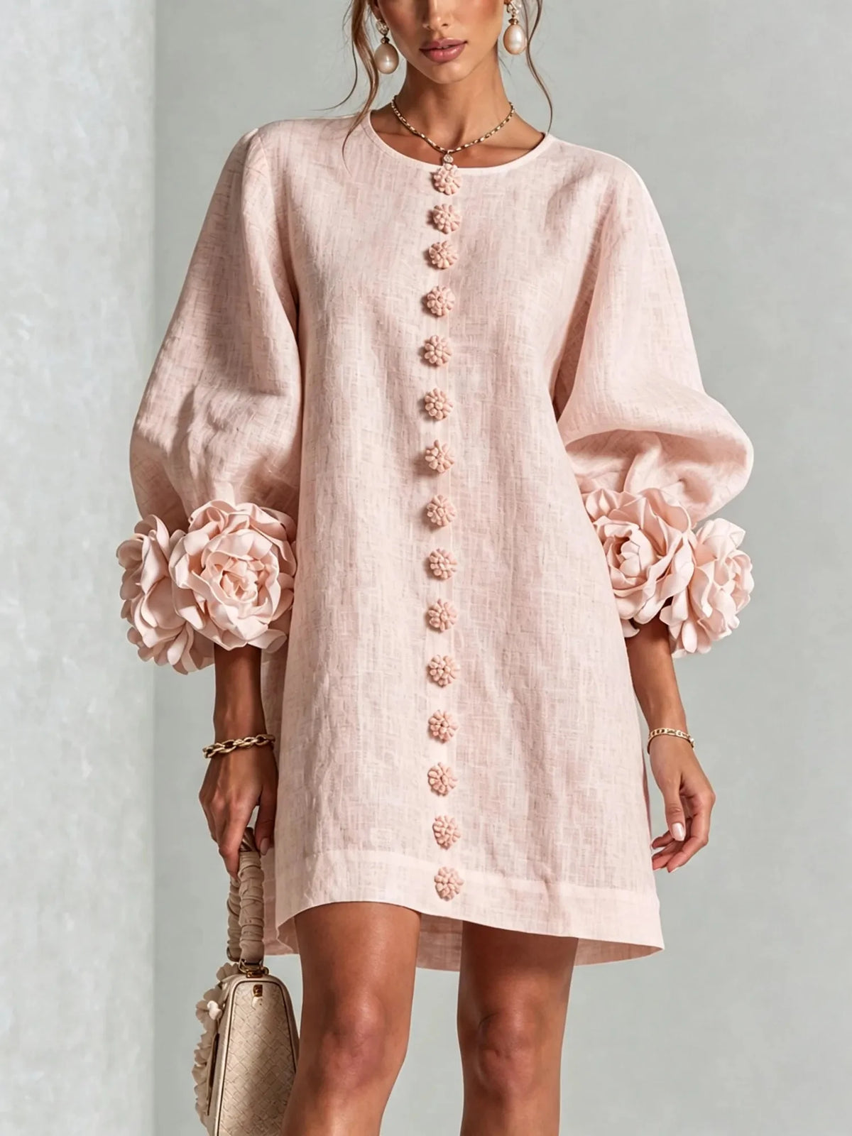 Pink Women's Mini Dress with Sculptural Cuffs & Button Front - Front Blush