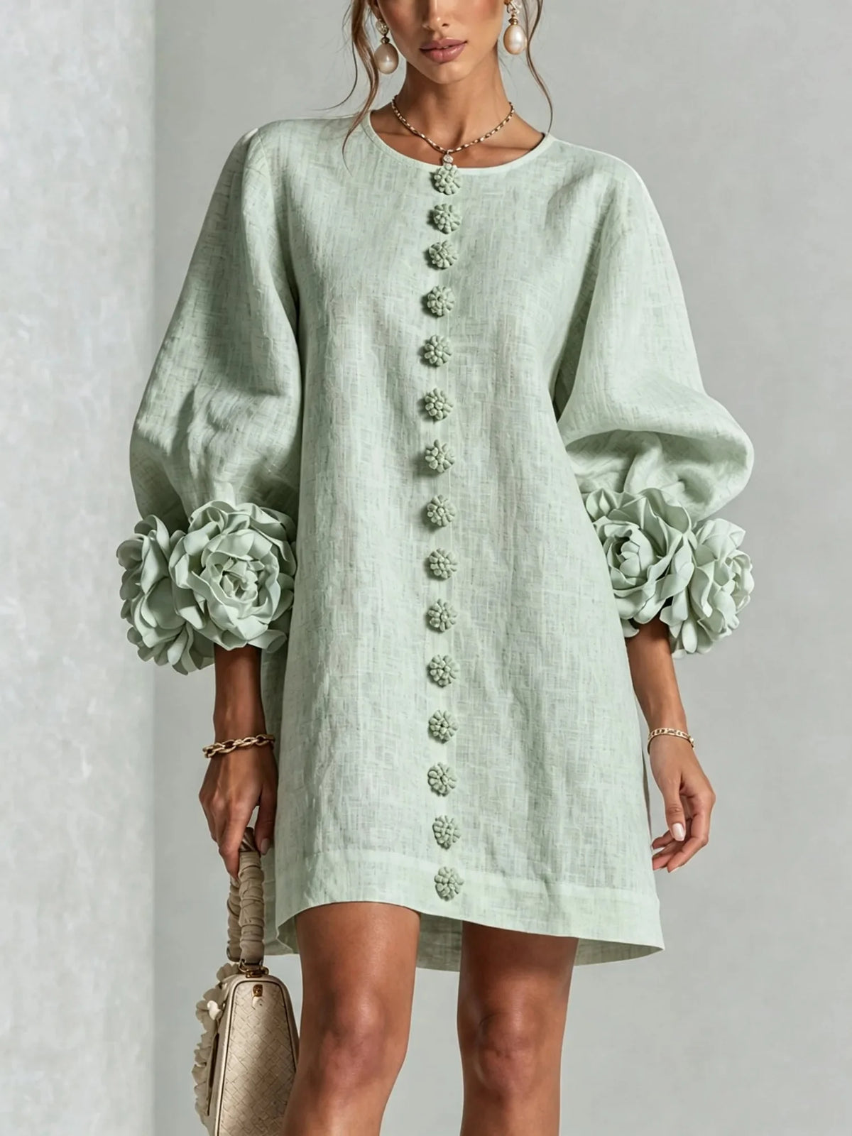 Sage Green Women's Mini Dress with Sculptural Cuffs & Button Front - Front