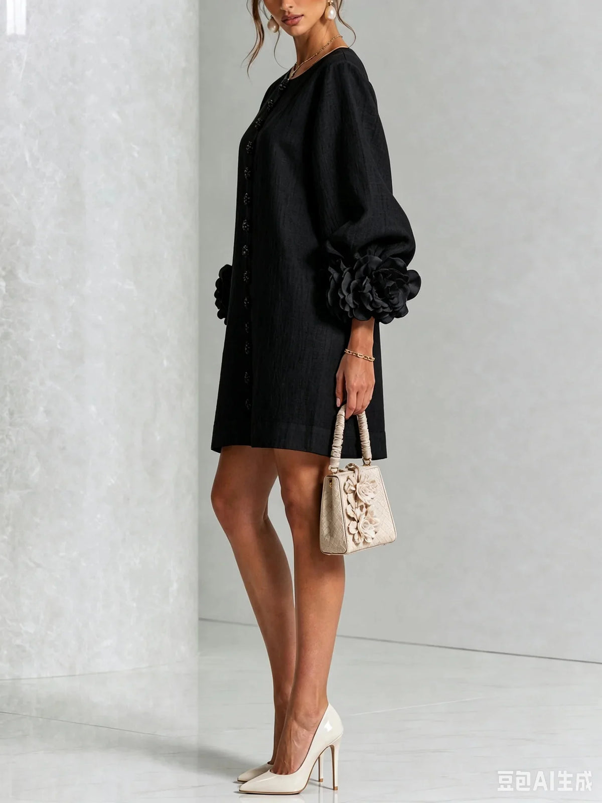 Women's Mini Dress with Sculptural Cuffs & Button Front