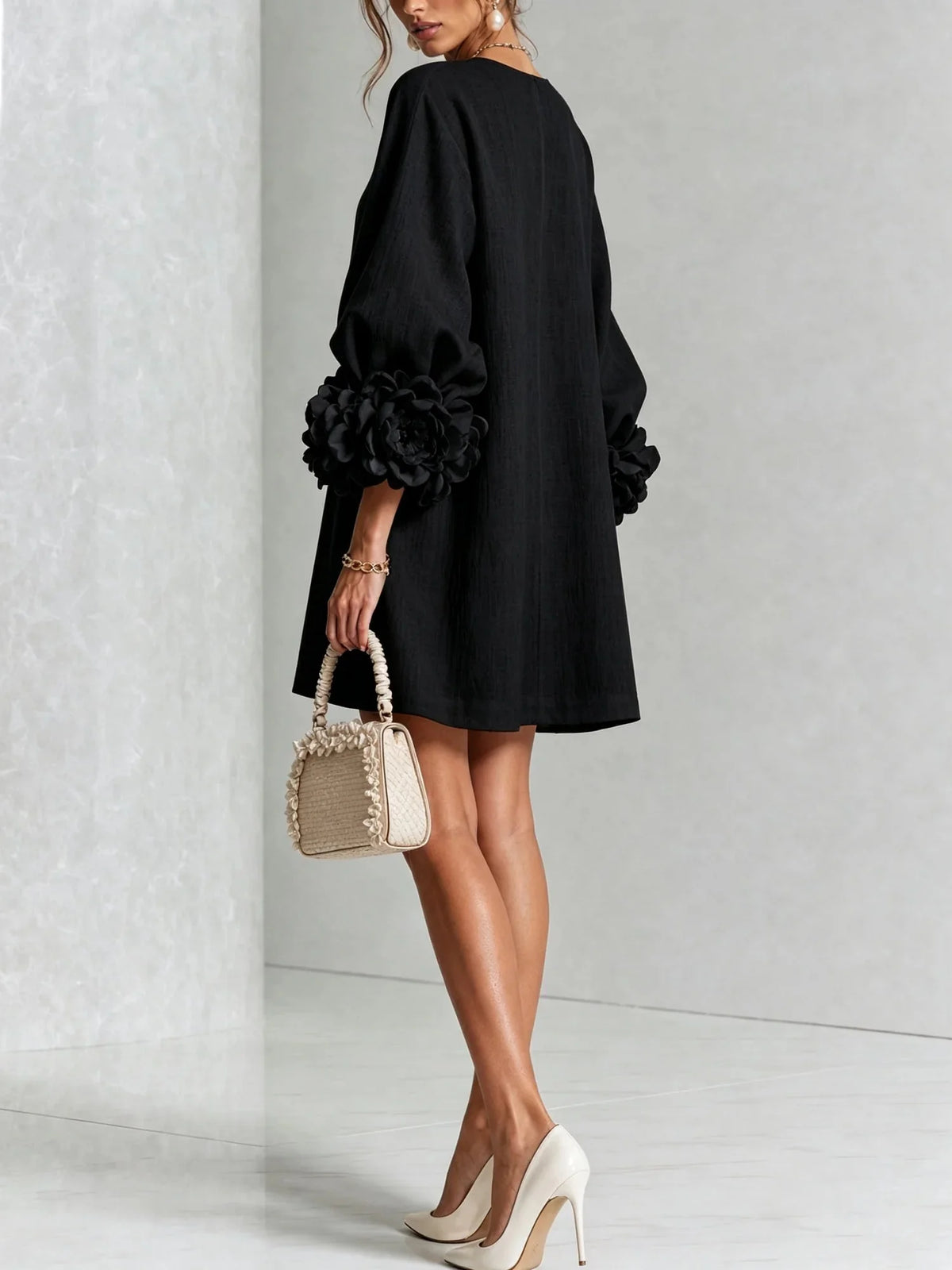 Women's Mini Dress with Sculptural Cuffs & Button Front