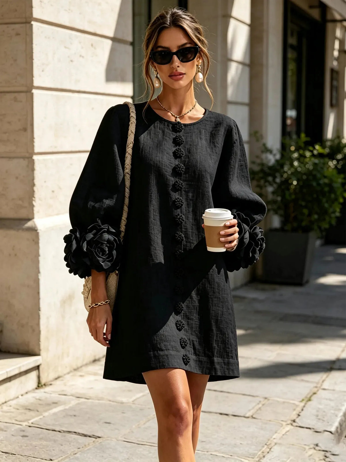 Women's Mini Dress with Sculptural Cuffs & Button Front