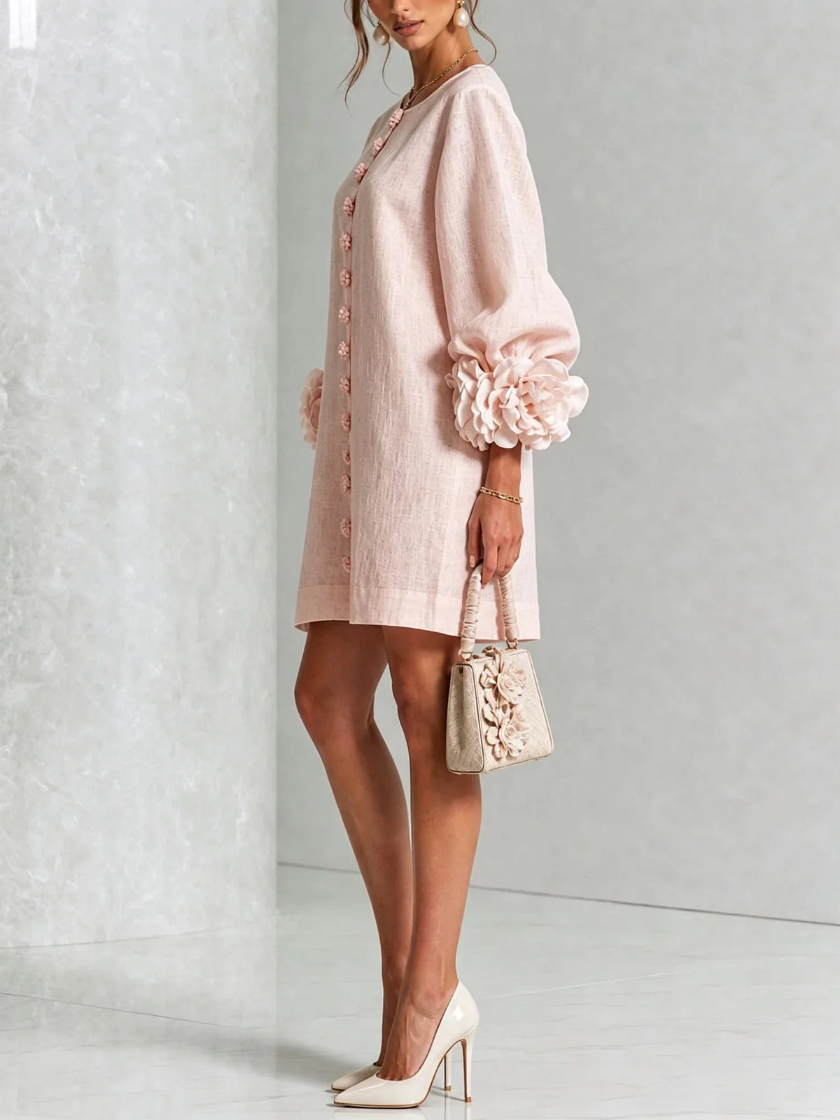 Women's Mini Dress with Sculptural Cuffs & Button Front