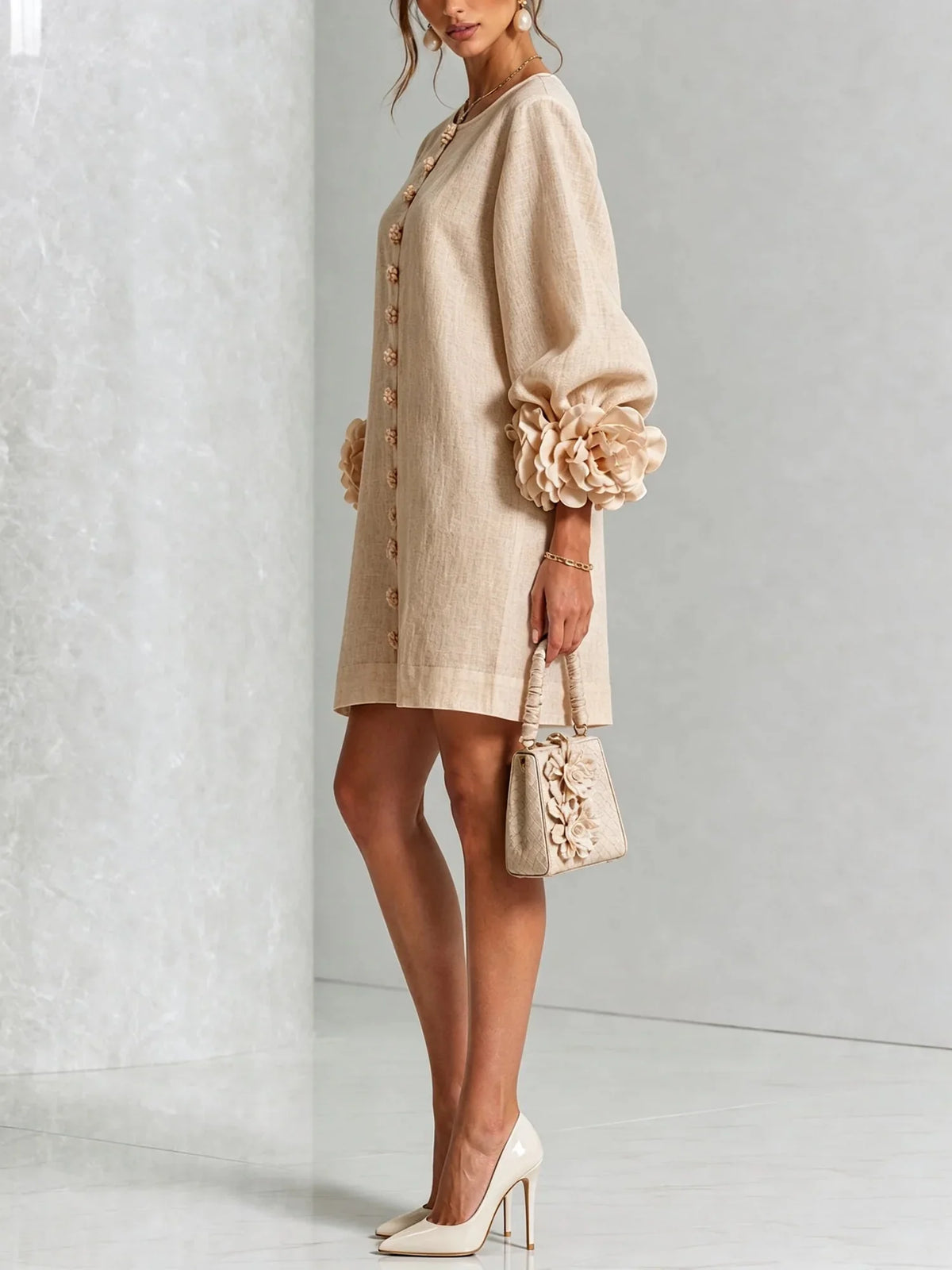 Women's Mini Dress with Sculptural Cuffs & Button Front