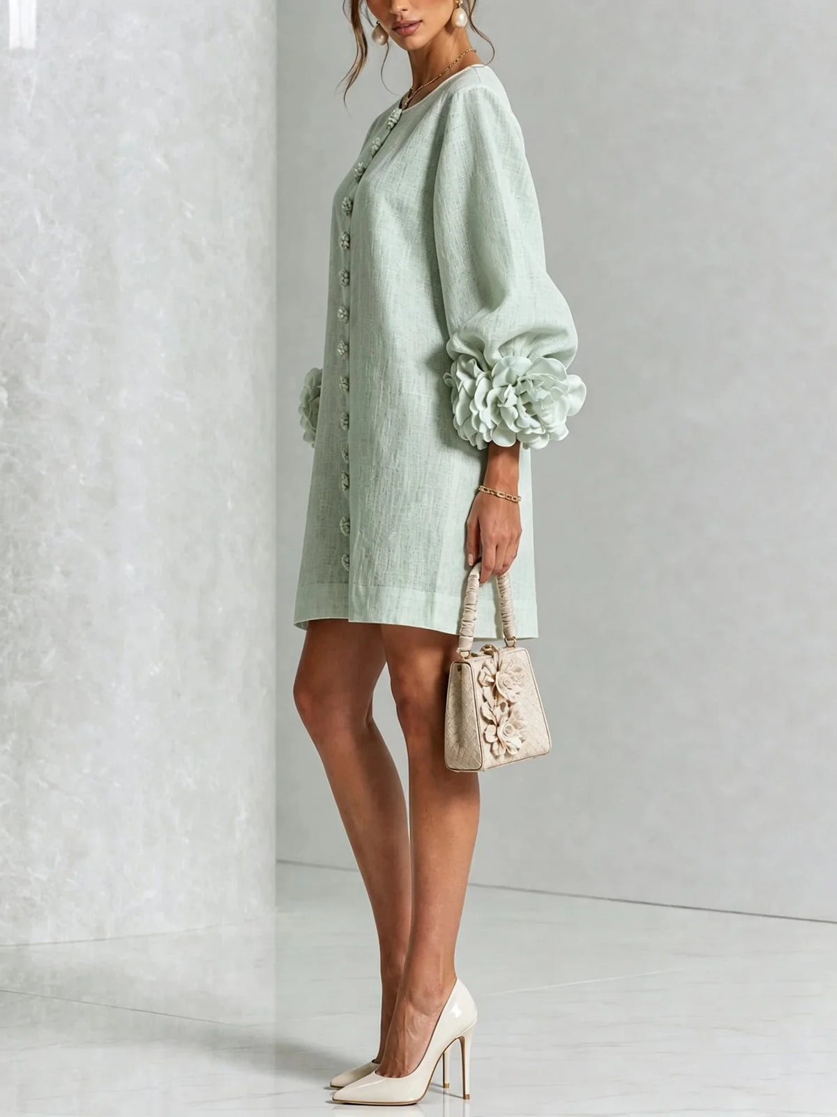 Women's Mini Dress with Sculptural Cuffs & Button Front