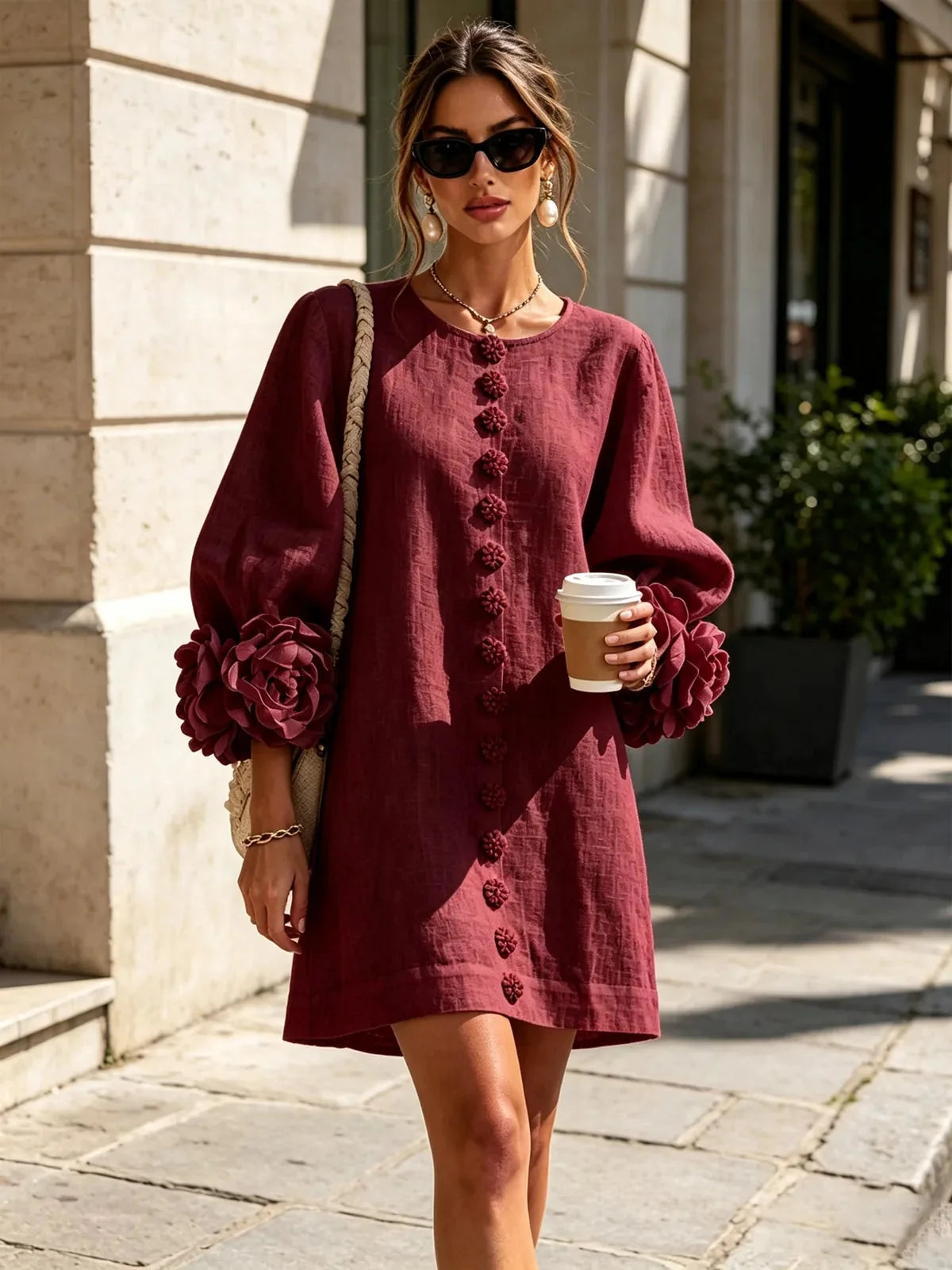Women's Mini Dress with Sculptural Cuffs & Button Front