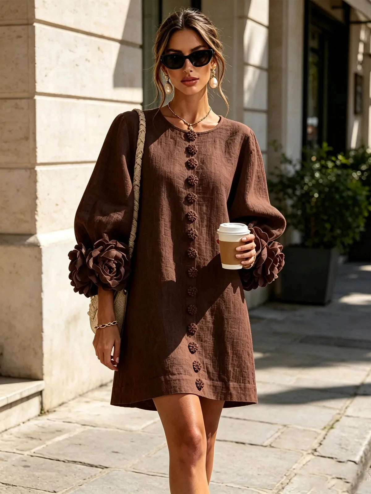 Women's Mini Dress with Sculptural Cuffs & Button Front