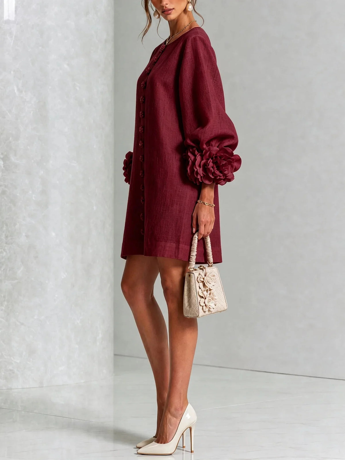 Women's Mini Dress with Sculptural Cuffs & Button Front