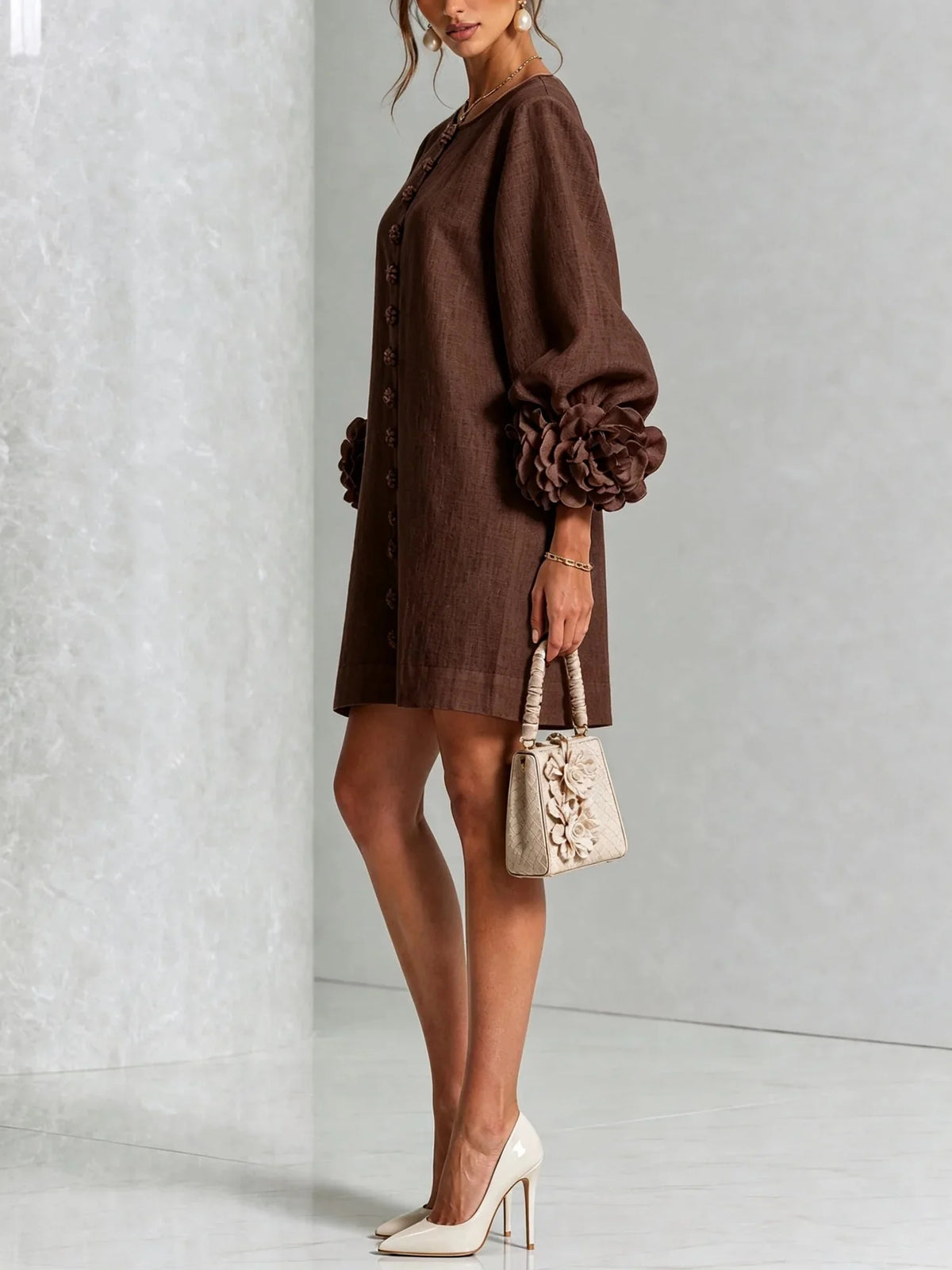 Women's Mini Dress with Sculptural Cuffs & Button Front