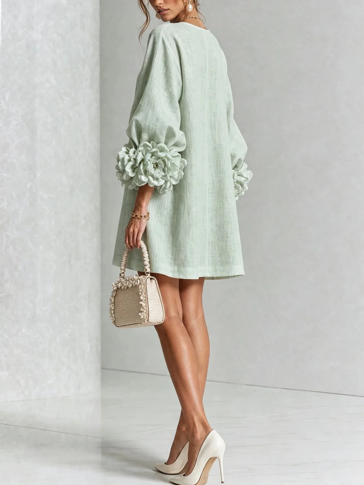 Women's Mini Dress with Sculptural Cuffs & Button Front
