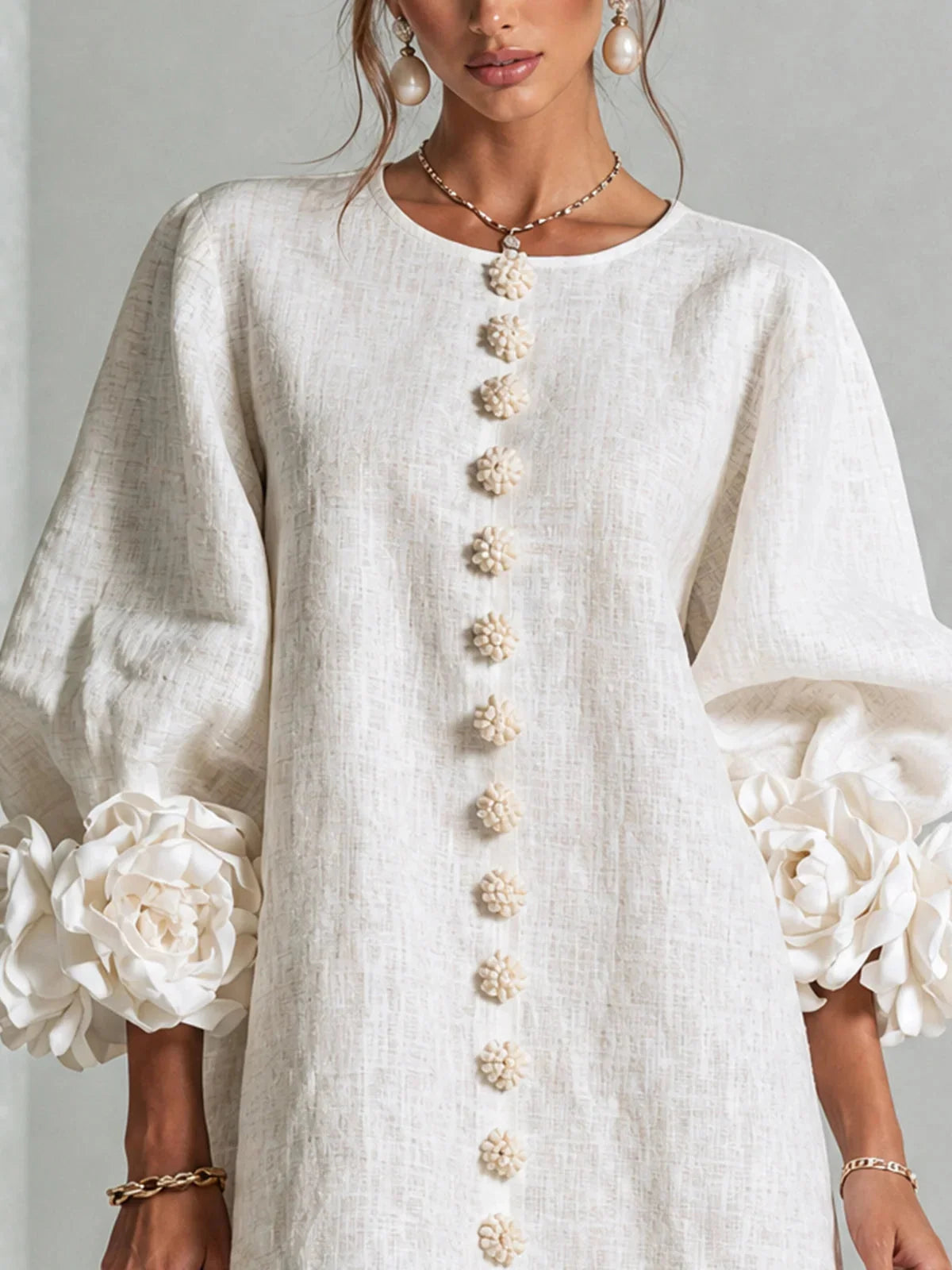 Women's Mini Dress with Sculptural Cuffs & Button Front - Close Up Neckline