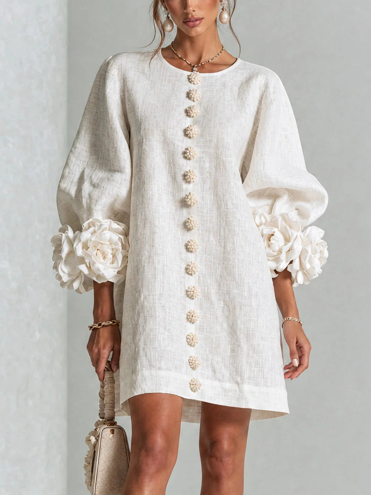 White Women's Mini Dress with Sculptural Cuffs & Button Front - Front Full