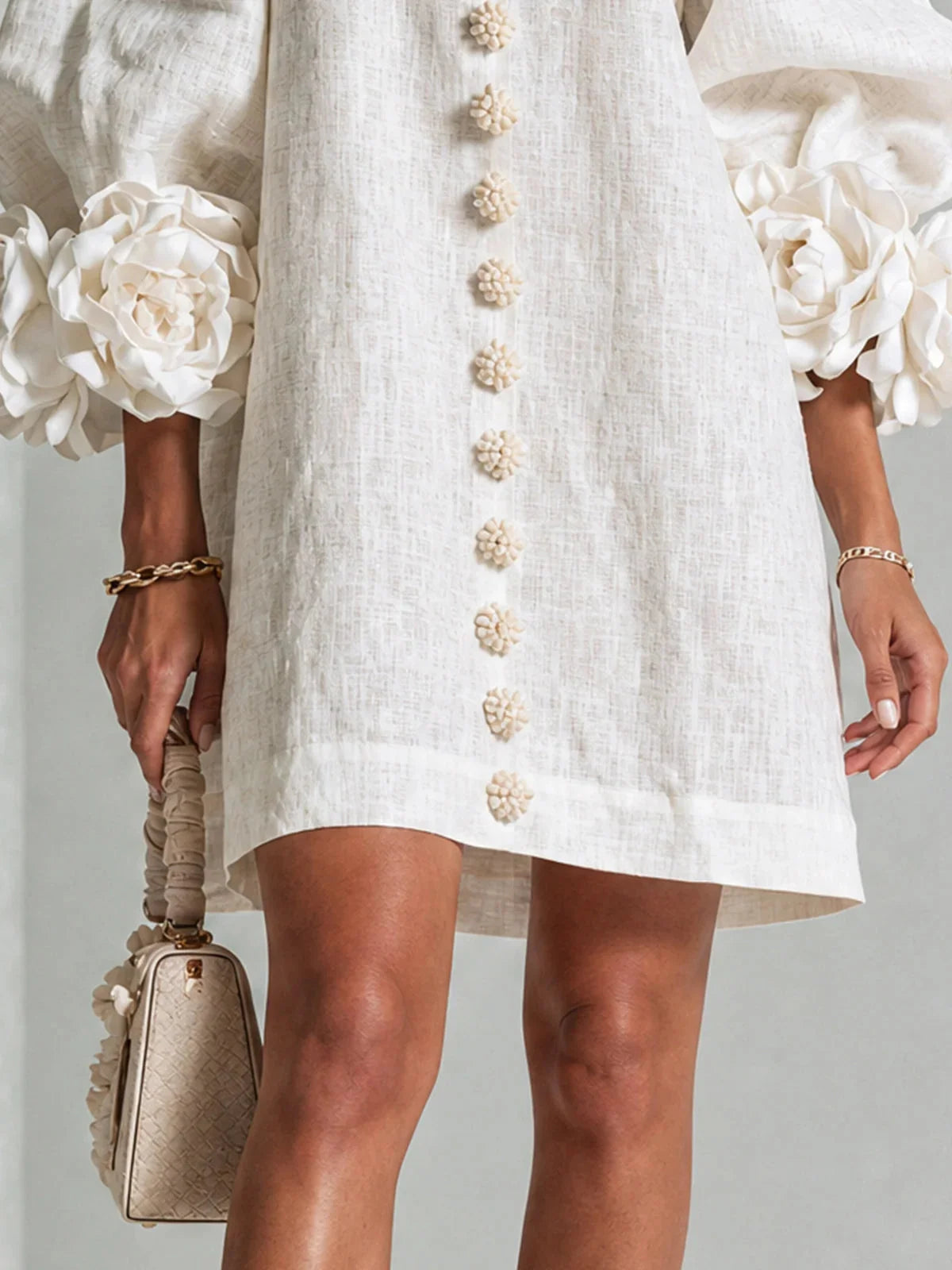 Women's Mini Dress with Sculptural Cuffs & Button Front - Hem Detail