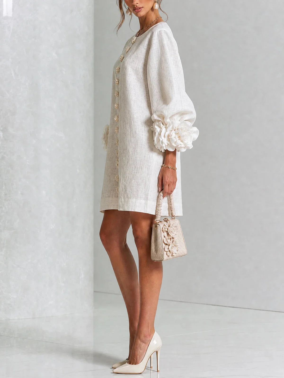 Women's Mini Dress with Sculptural Cuffs & Button Front - Side Pose