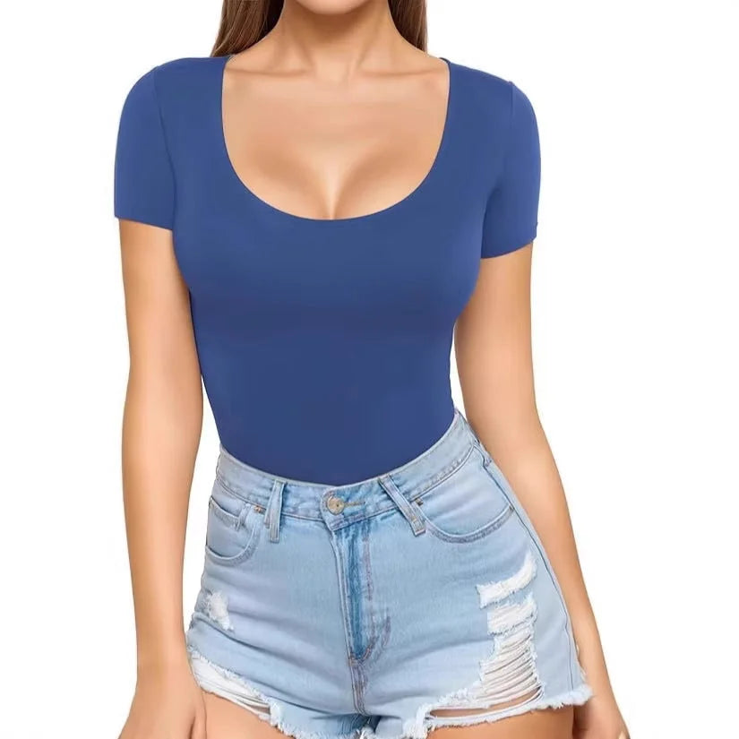 Women's Seamless Stretch Bodysuit with Scoop Neck & Short Sleeves - Front Medium