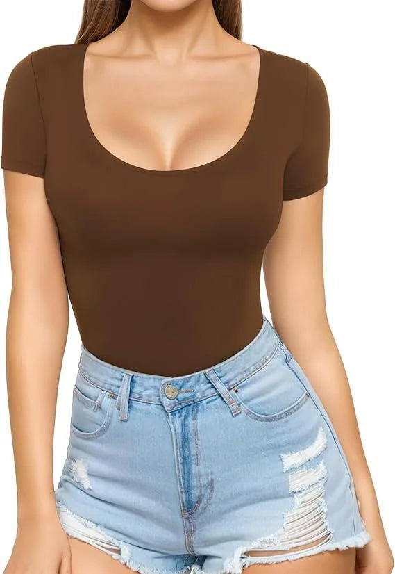 Brown Women's Seamless Stretch Bodysuit with Scoop Neck & Short Sleeves