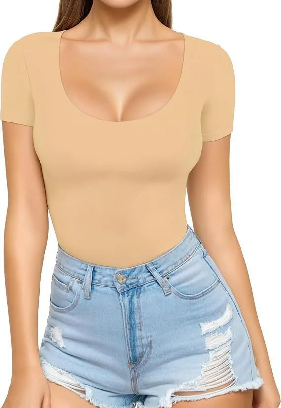 Cream Women's Seamless Stretch Bodysuit with Scoop Neck & Short Sleeves