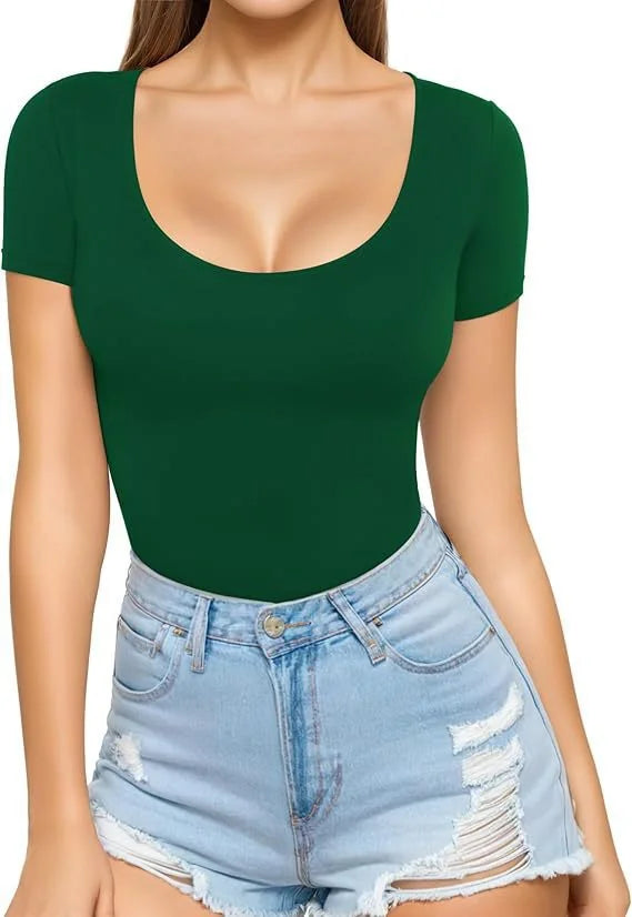 Dark Green Women's Seamless Stretch Bodysuit with Scoop Neck & Short Sleeves - Chest View