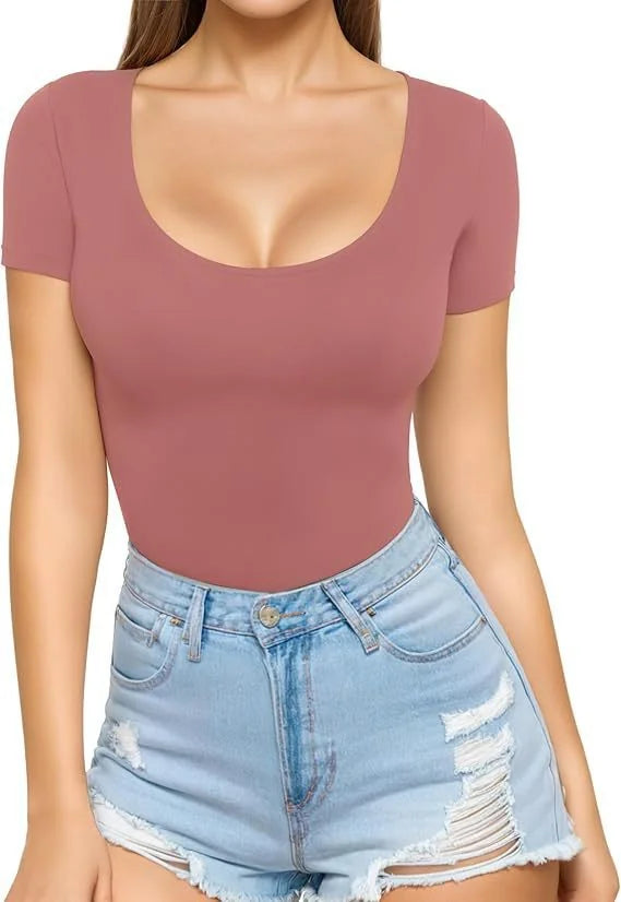 Crimson Red Women's Seamless Stretch Bodysuit with Scoop Neck & Short Sleeves