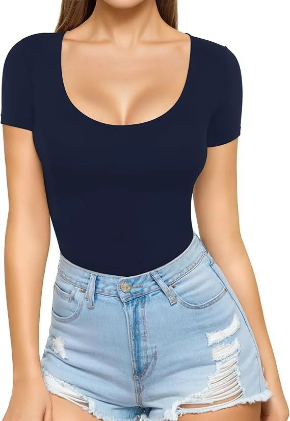 Dark Blue Women's Seamless Stretch Bodysuit with Scoop Neck & Short Sleeves - Front Pose