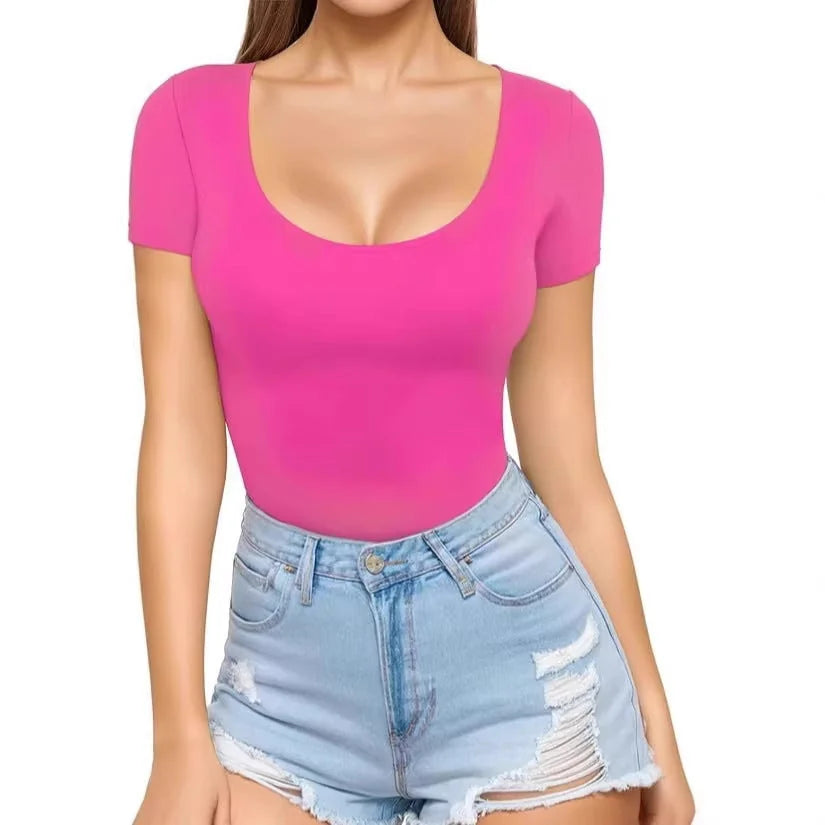 Women's Seamless Stretch Bodysuit with Scoop Neck & Short Sleeves - Front Crop