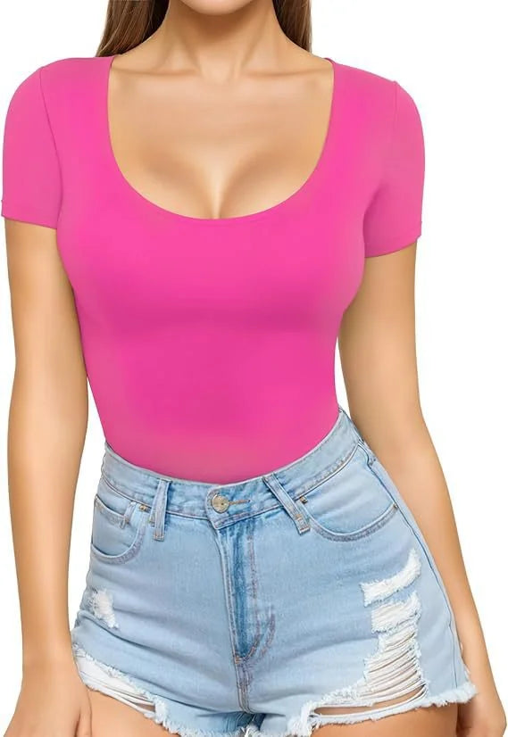 Neon Pink Women's Seamless Stretch Bodysuit with Scoop Neck & Short Sleeves - Torso View