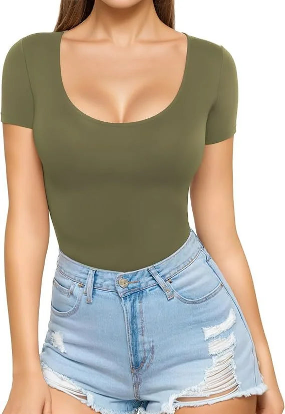 Olive Green Women's Seamless Stretch Bodysuit with Scoop Neck & Short Sleeves - Torso Close