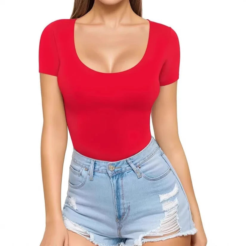 Women's Seamless Stretch Bodysuit with Scoop Neck & Short Sleeves - Front Full