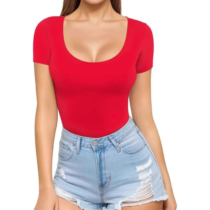 Women's Seamless Stretch Bodysuit with Scoop Neck & Short Sleeves - Front Full