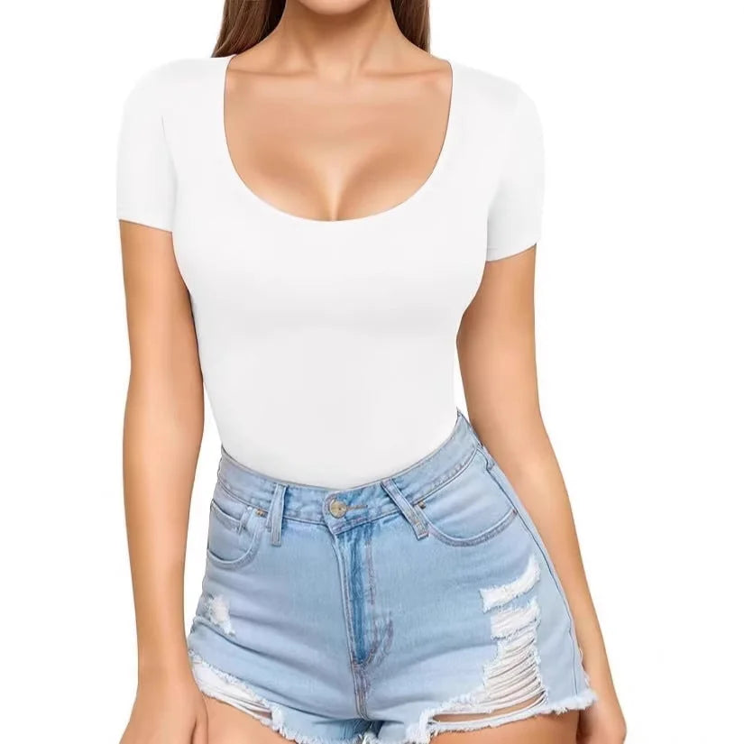Women's Seamless Stretch Bodysuit with Scoop Neck & Short Sleeves - Front Close