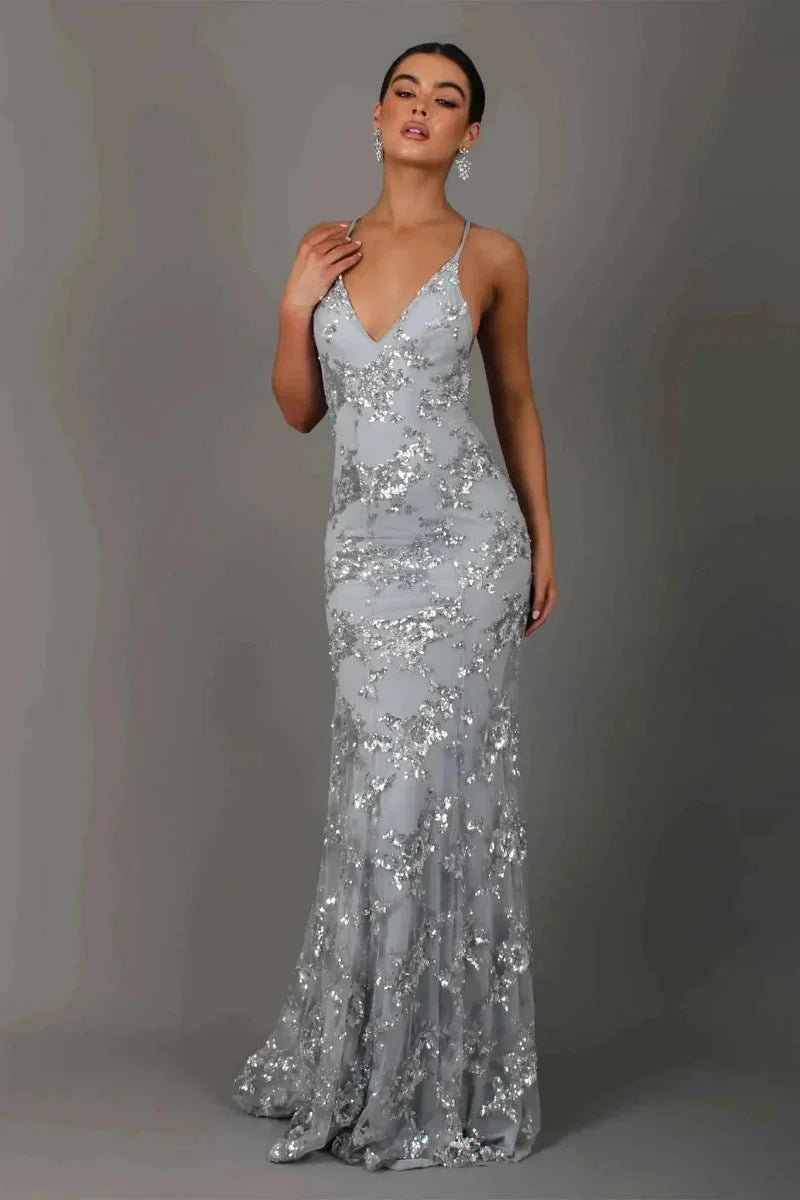 Grey Women's Sequin Evening Gown with Plunging V-Neck & Cross-Back Straps - Studio Pose Front