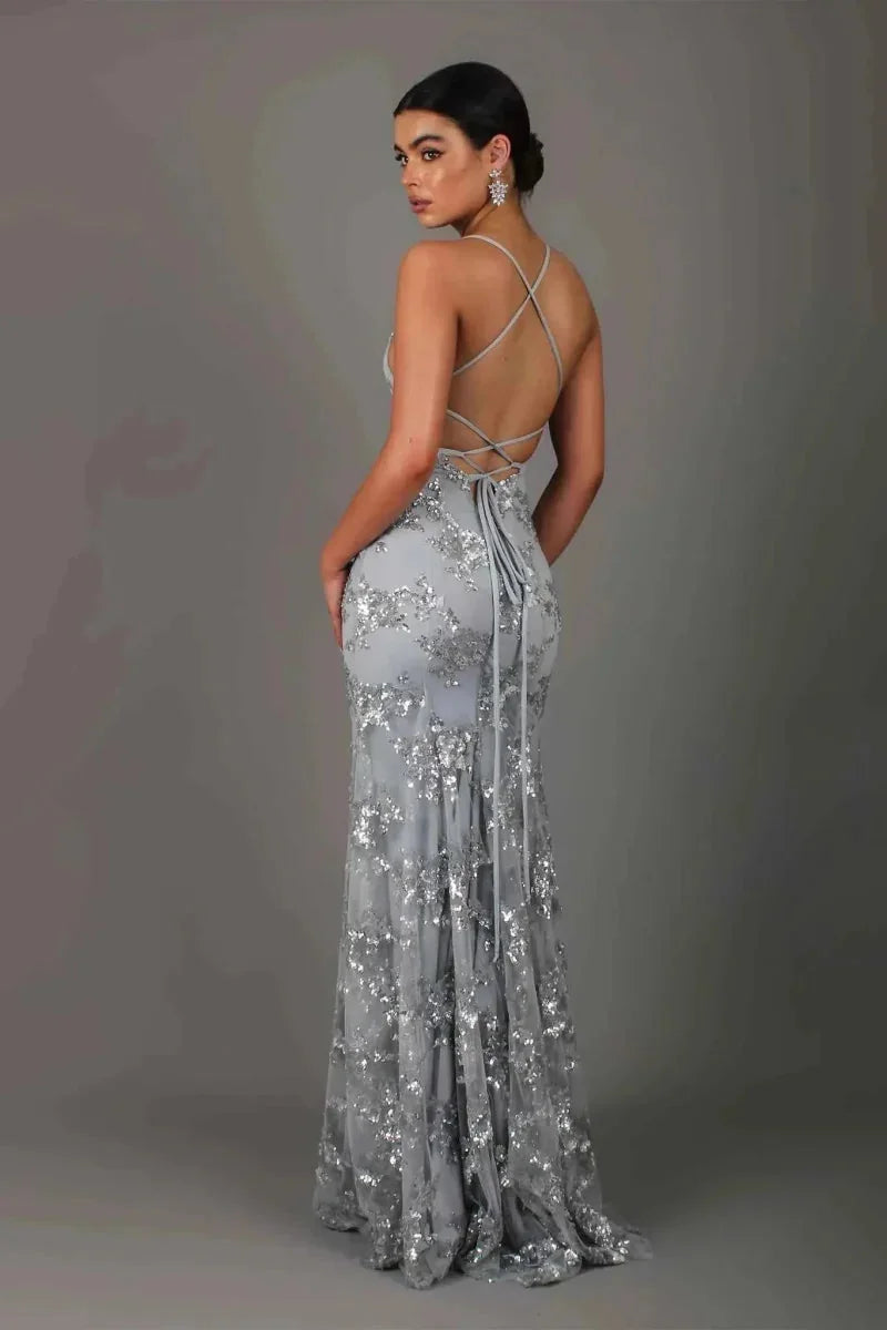 Grey Women's Sequin Evening Gown with Plunging V-Neck & Cross-Back Straps
