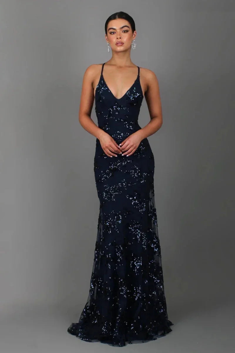 Navy Women's Sequin Evening Gown with Plunging V-Neck & Cross-Back Straps