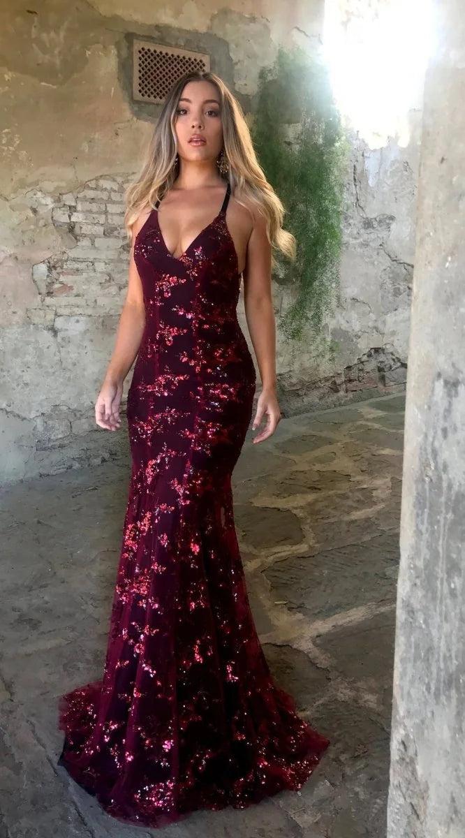 Wine Women's Sequin Evening Gown with Plunging V-Neck & Cross-Back Straps — Brooke